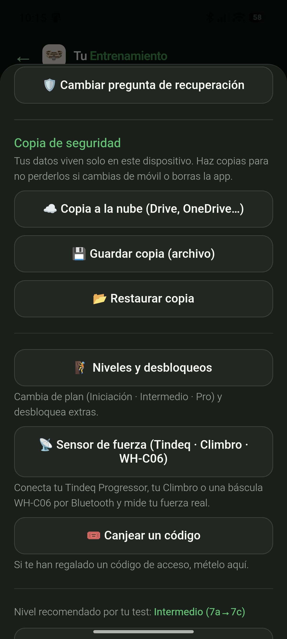 Ajustes y copia de seguridad de la aplicación